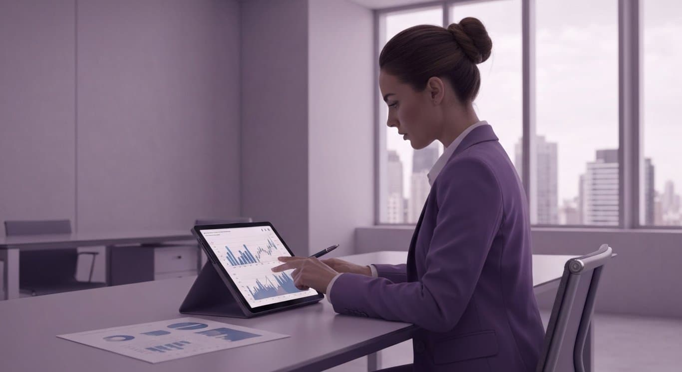 Businesswoman reviews financial charts on tablet in modern office with cityscape and soft purple hues
