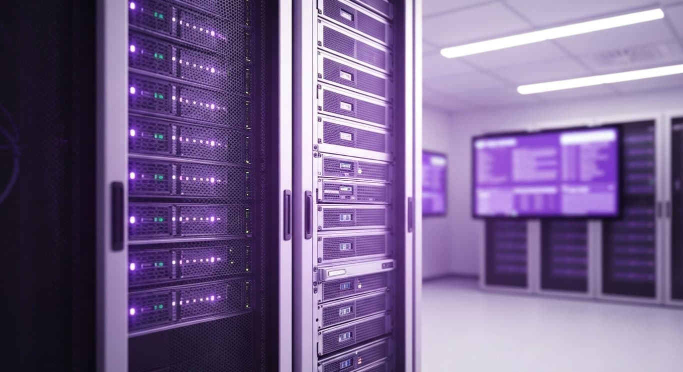 Modern server rack in a sleek data center with a soft purple background