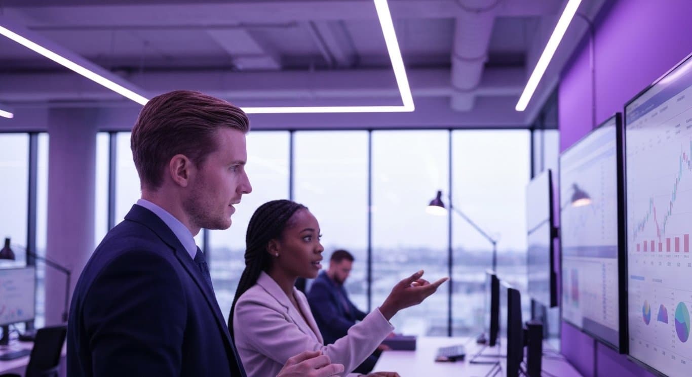Business office with analysts reviewing data on screens by large windows with a purple hue
