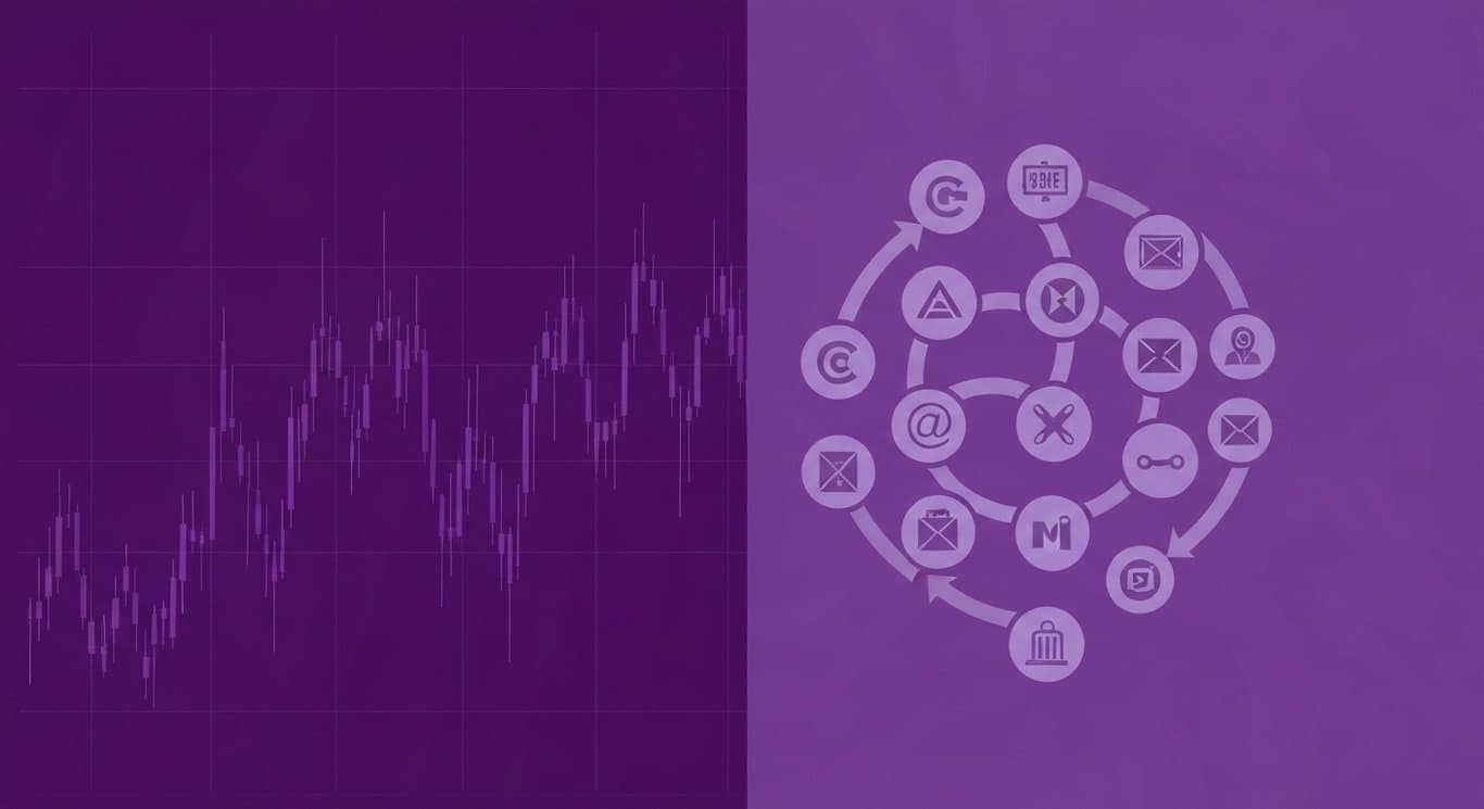 Stock market icons on a background with energy and tech sector themes in purple hues