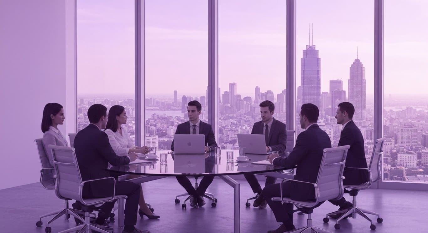 Businesspeople working at a glass table with city skyline in background and purple minimalist tones