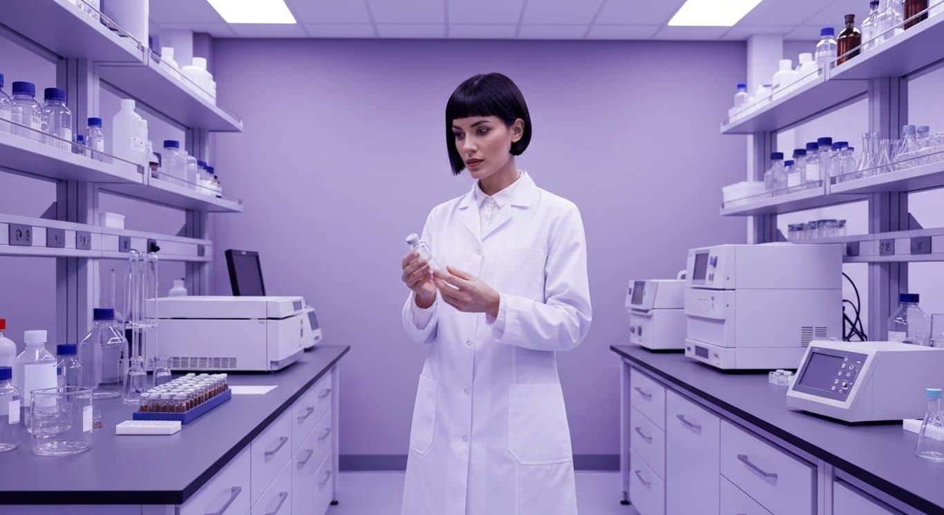 Female scientist inspecting vials in a sleek laboratory with subtle purple lighting