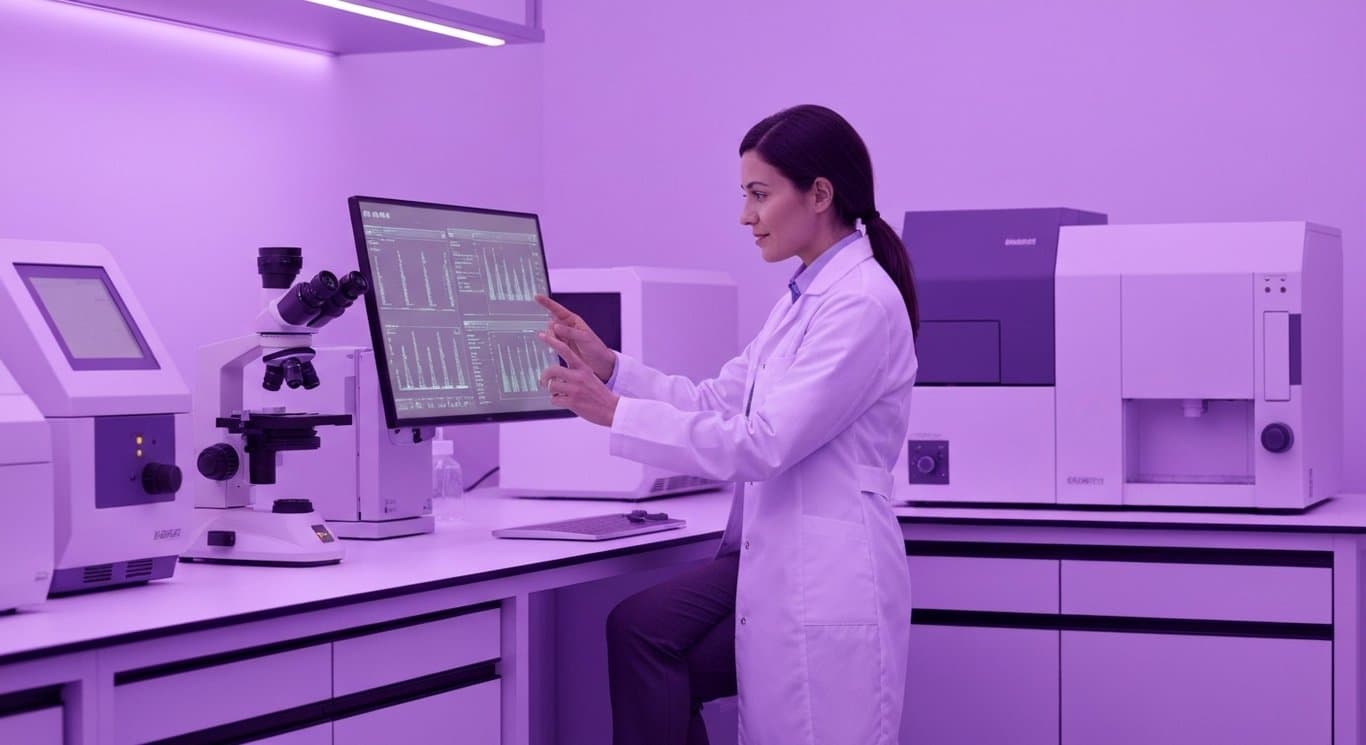 Female scientist analyzes lab results in a modern laboratory with subtle purple lighting