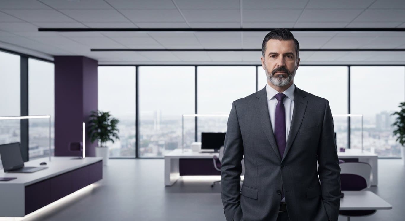 Business executive in a sleek office with technological and financial elements, set against a purple-toned background