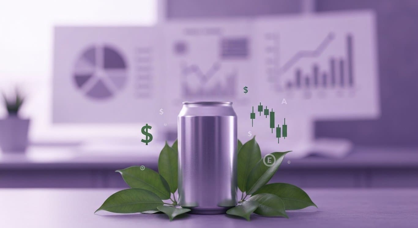 Aluminum can amid green leaves and subtle financial icons on a purple-themed office background