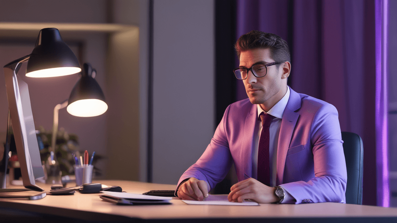 Business professional at desk in modern purple-lit office. Resource has been exhausted.