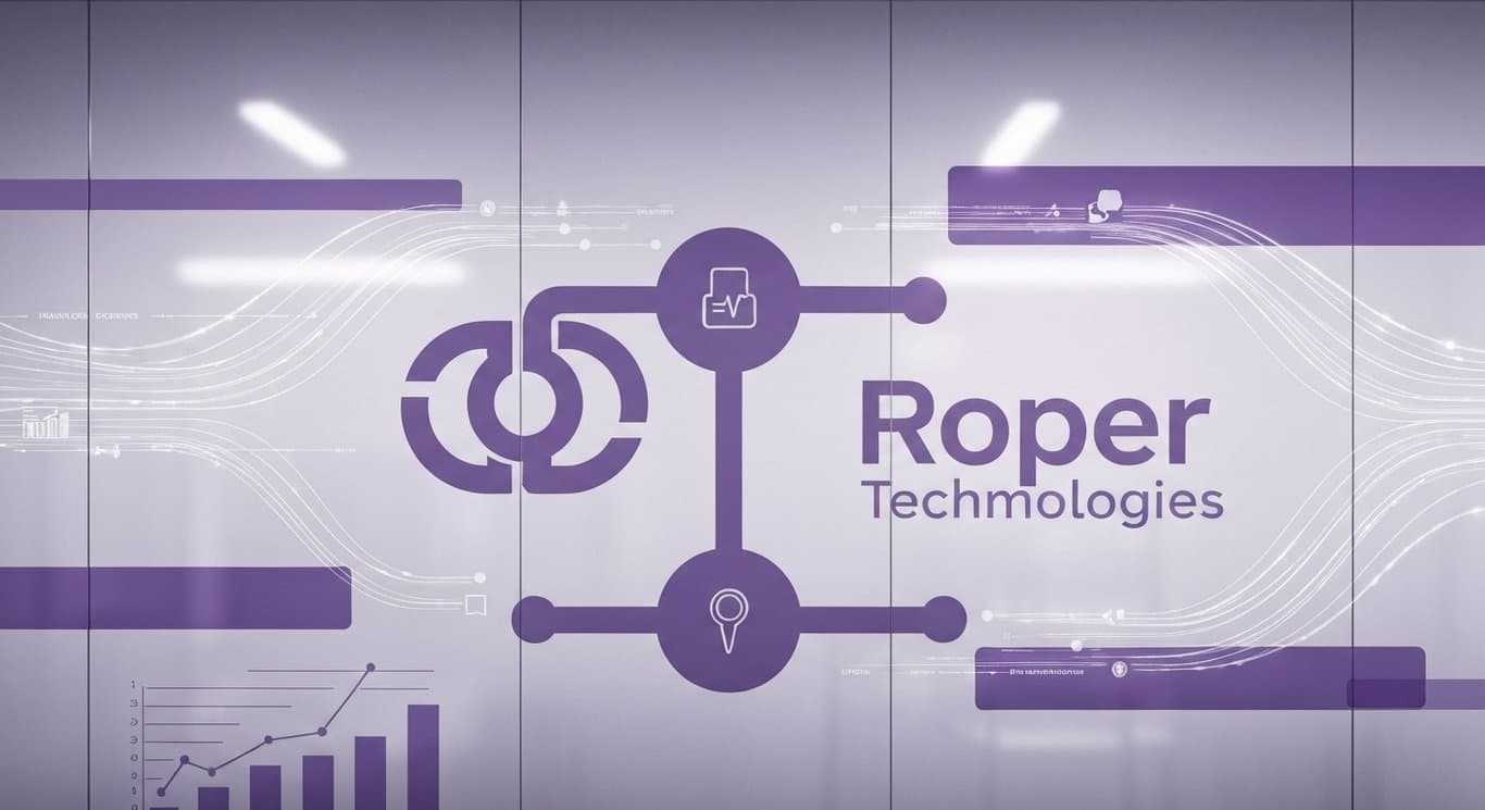Roper Technologies earnings and M&A visual with healthcare software themes, growth signals, and purple data aesthetics