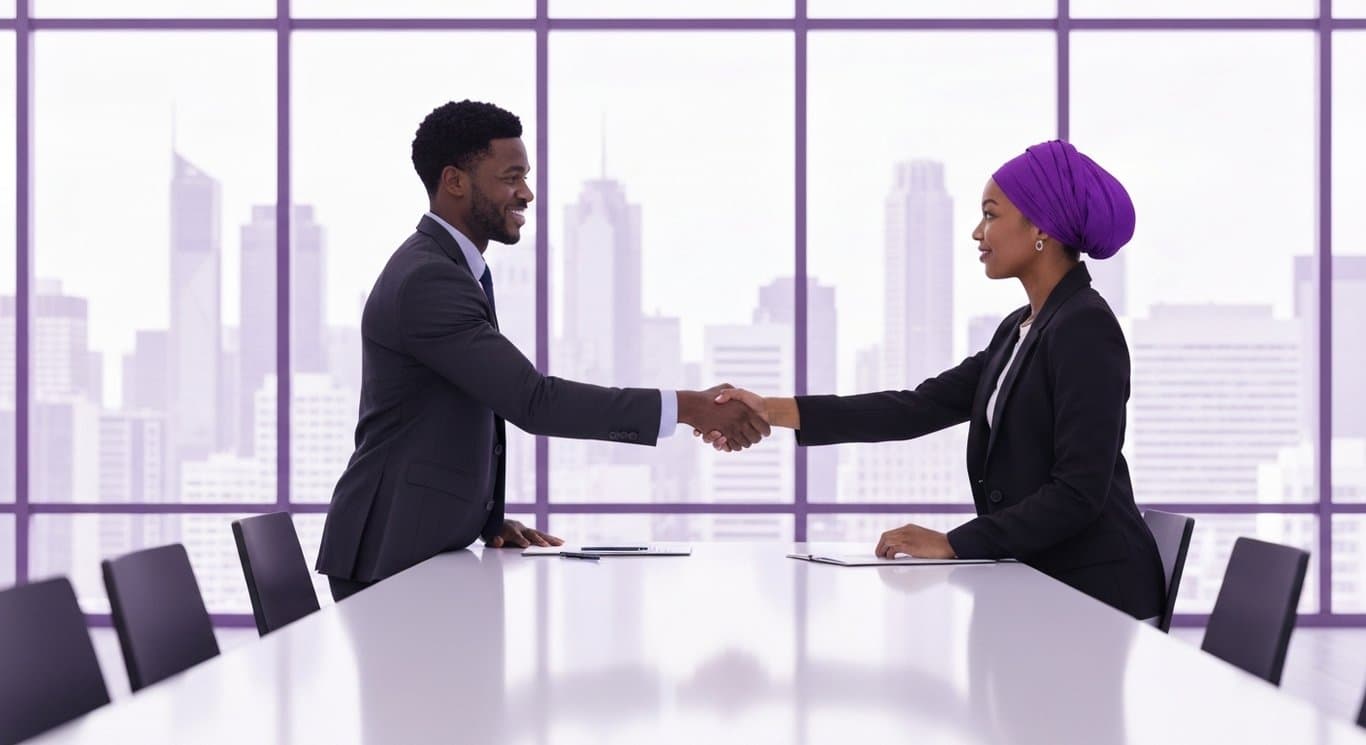 Two businesspeople shaking hands at a conference table with a purple-toned city skyline behind them
