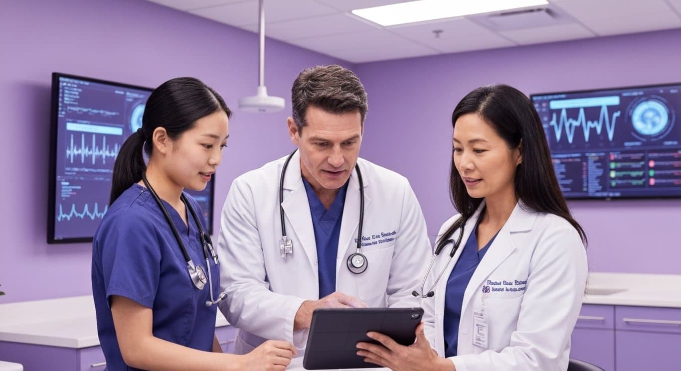 Professional medical team gathered around a tablet in a modern clinical workspace with purple accents