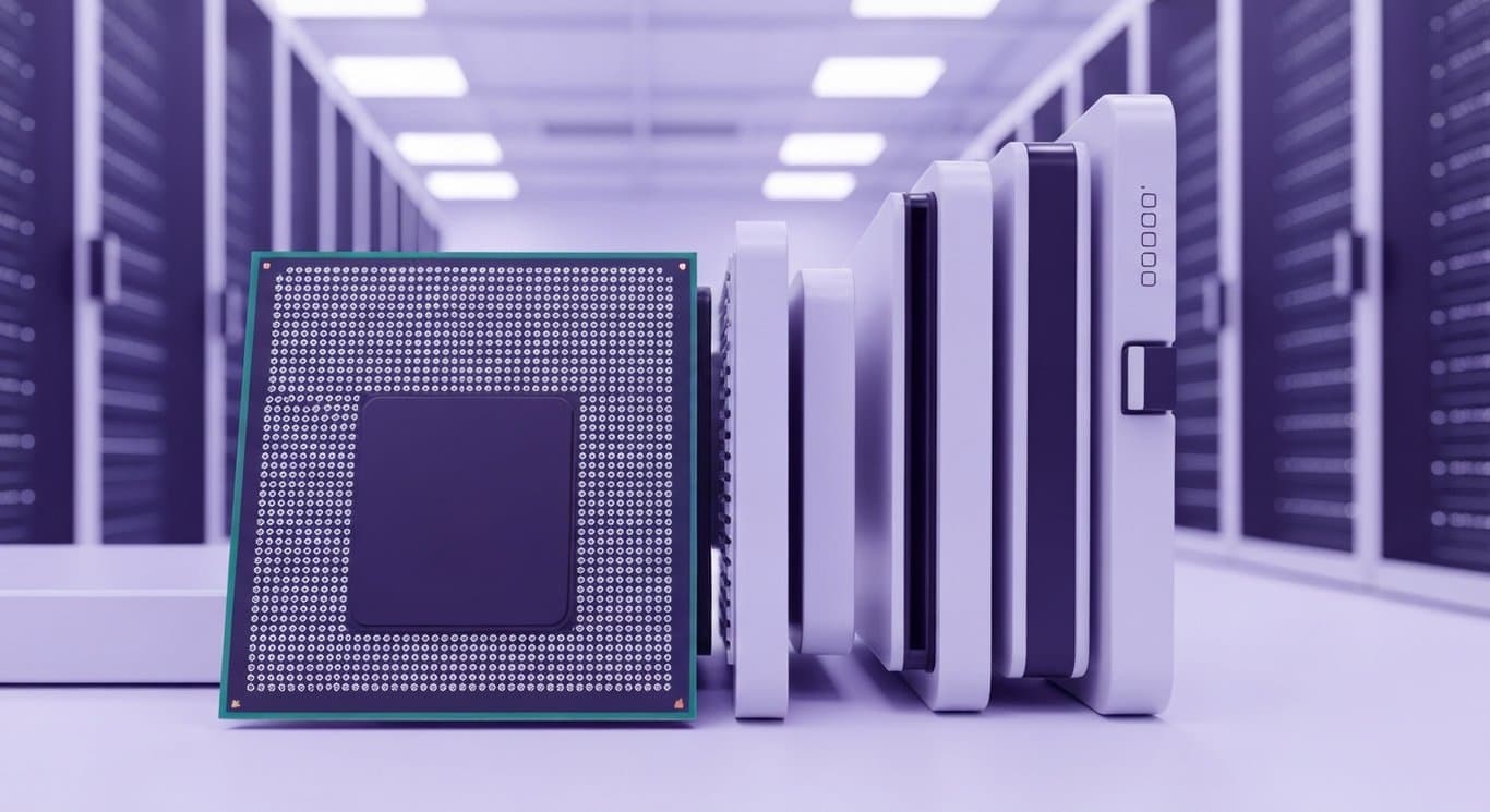 Computer processor chip next to networking hardware in a high-tech server room with a purple color scheme