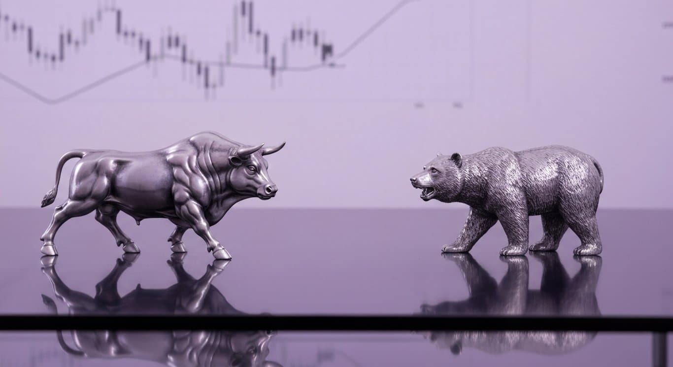 Silver bull and bear figurines on a reflective desk with faint purple stock chart lines in the background
