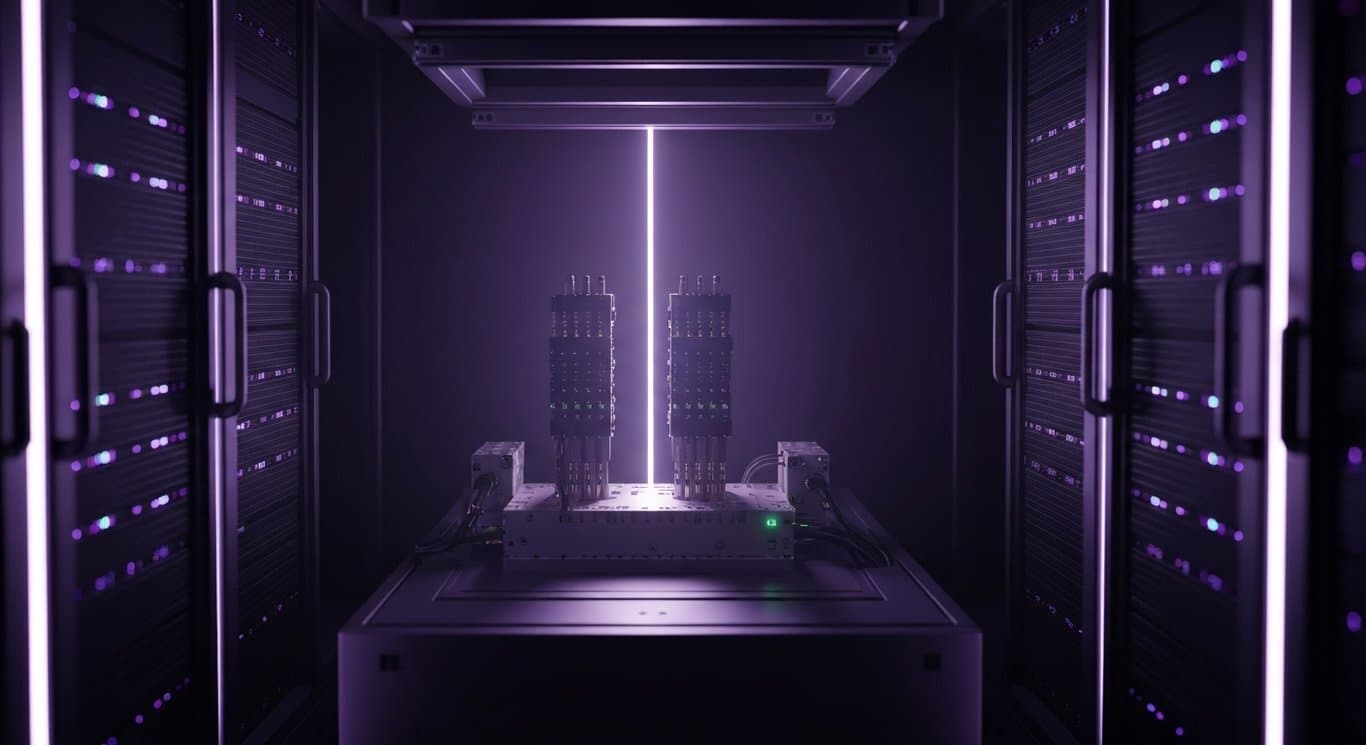 Laser component array housed in a modern data center with glowing purple-lit server racks