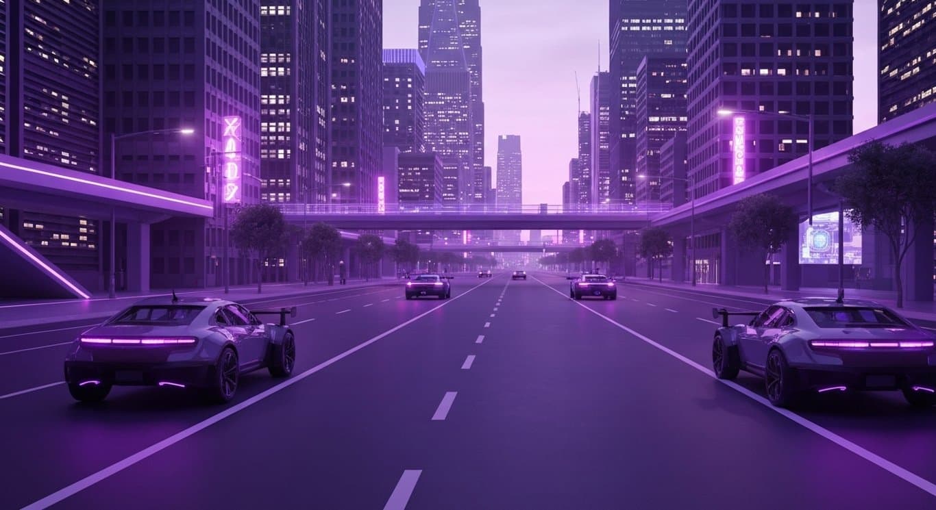 Autonomous vehicles navigating futuristic city streets with a purple-tinted urban background