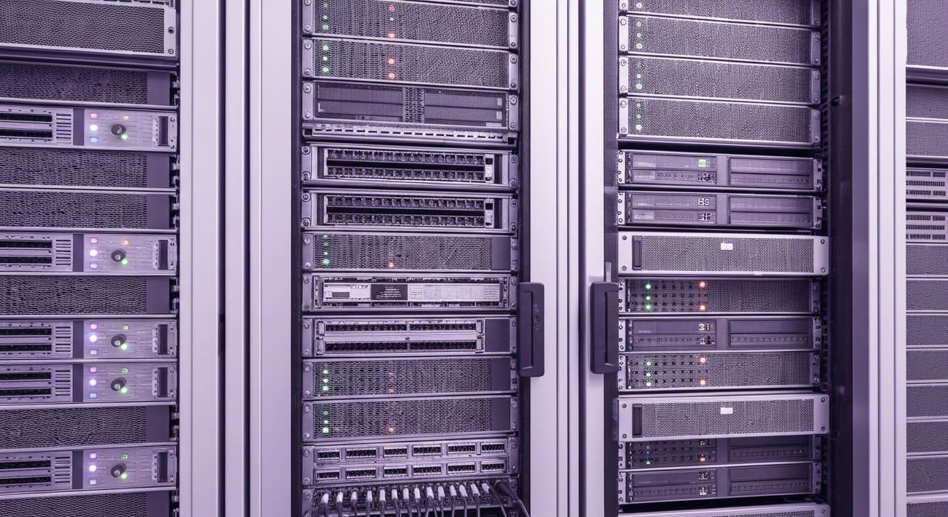 Modern data server racks in a high-tech server room with a soft purple color scheme