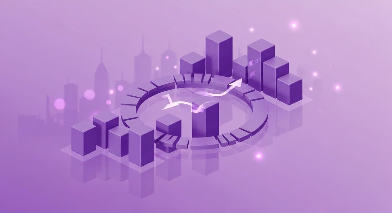 Abstract 3D financial bars and sector ring against soft purple gradient with faint city skyline silhouettes