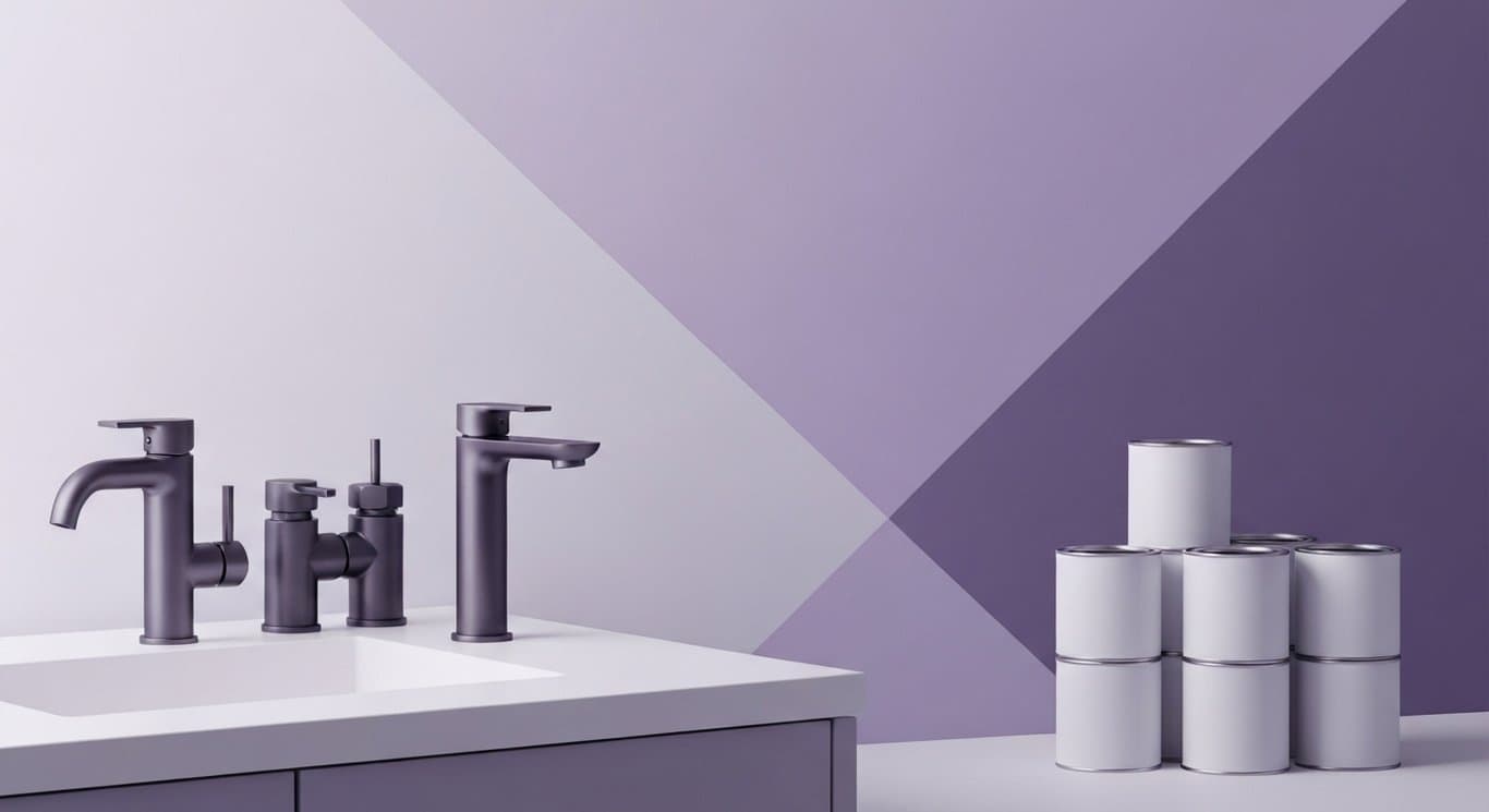 Plumbing fixtures and paint cans on a minimalist counter with a soft purple abstract background