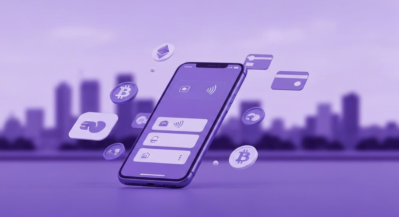 Modern smartphone displaying a contactless payment interface amid abstract digital currency symbols on a purple background