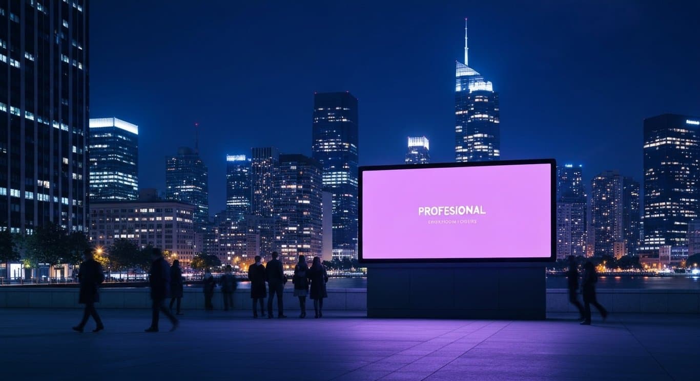 Digital billboard glows above a cityscape at night with people moving on the street below