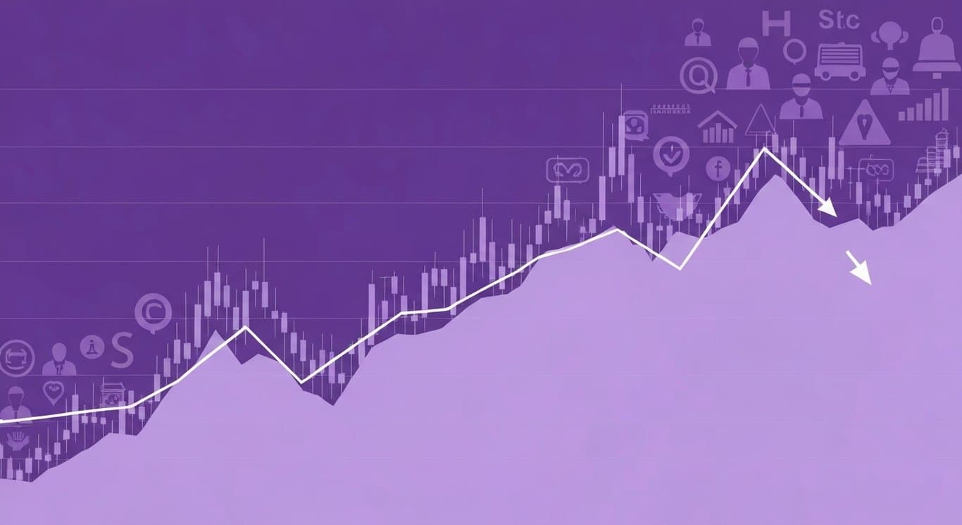Bearish stock chart with sharp declines and abstract sector icons on a soft purple background