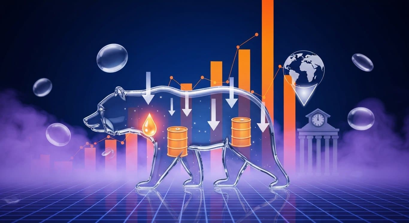 Bearish market with inflation fears, high oil, delayed Fed rate cuts, energy sector strength, tech weakness, abstract purple–