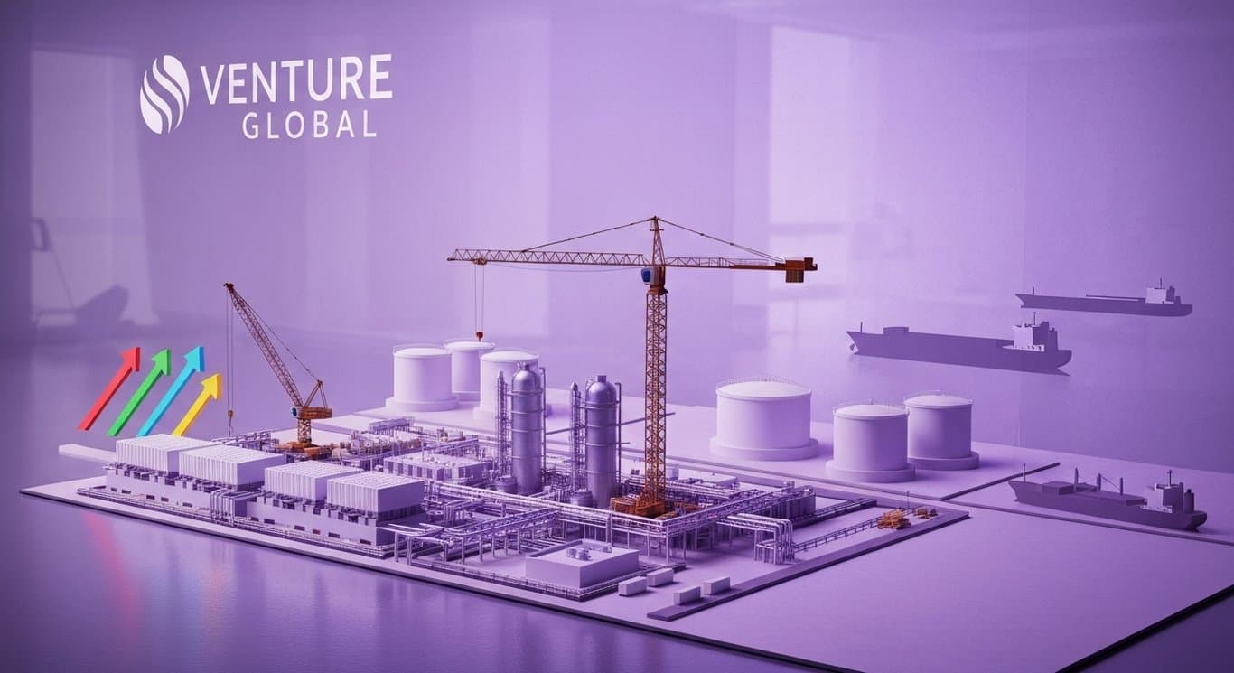 Venture Global logo with CP2 LNG project imagery, FERC approval theme, construction and shipping elements in purple