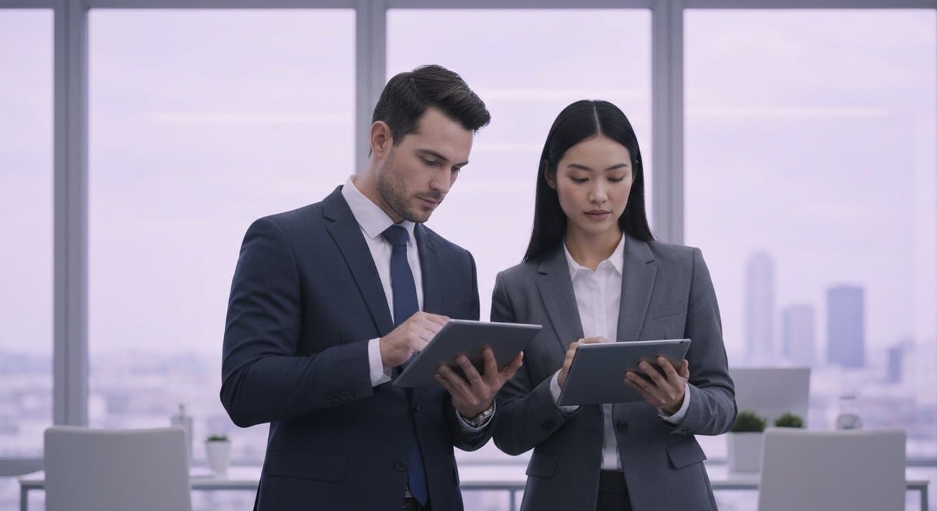Business analysts examine charts on tablets in a modern office with a soft purple cityscape background