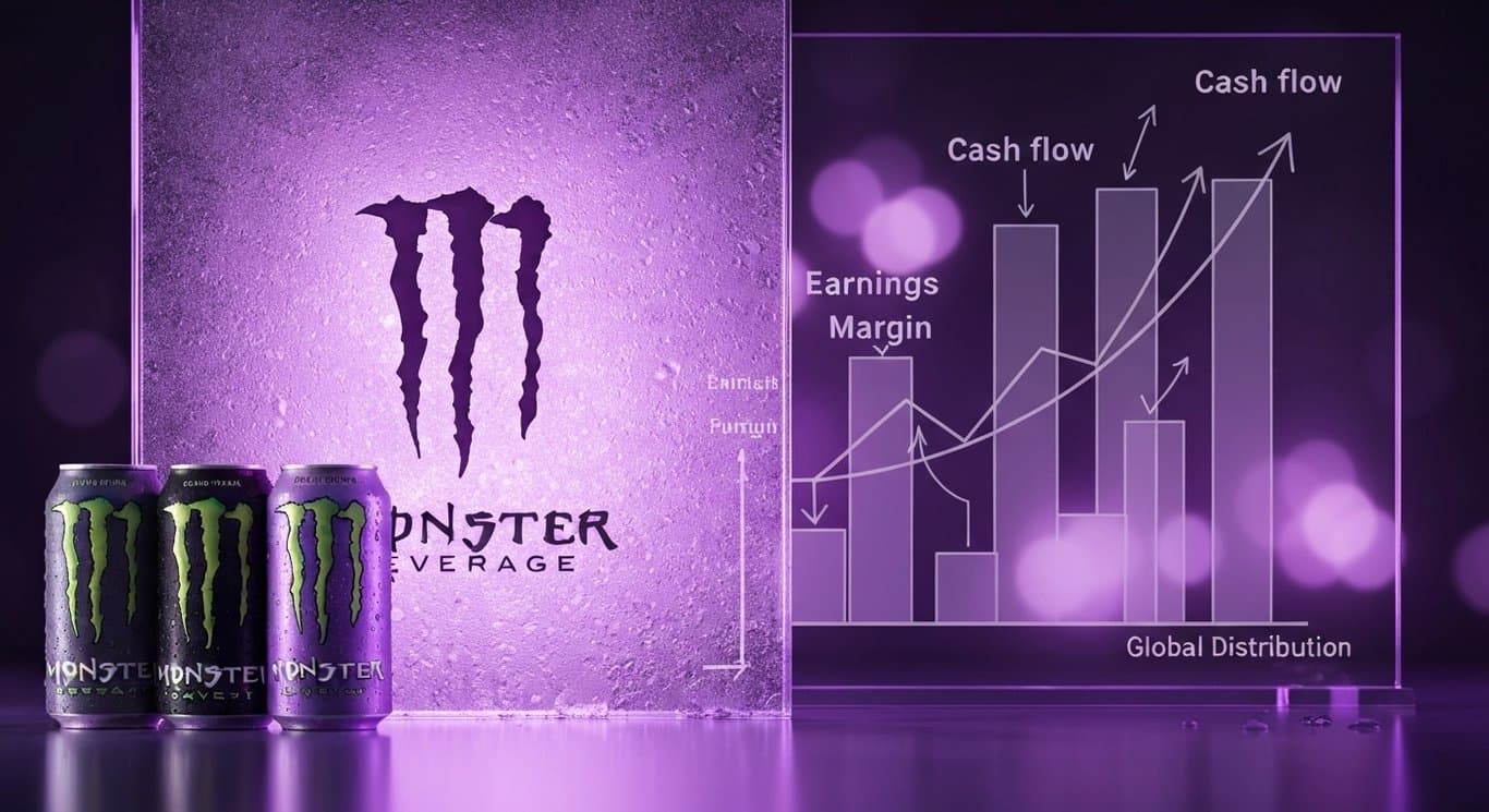 Monster Beverage earnings beat visual with energy drink cans, improved margins and cash flow, subtle logo in a purple theme