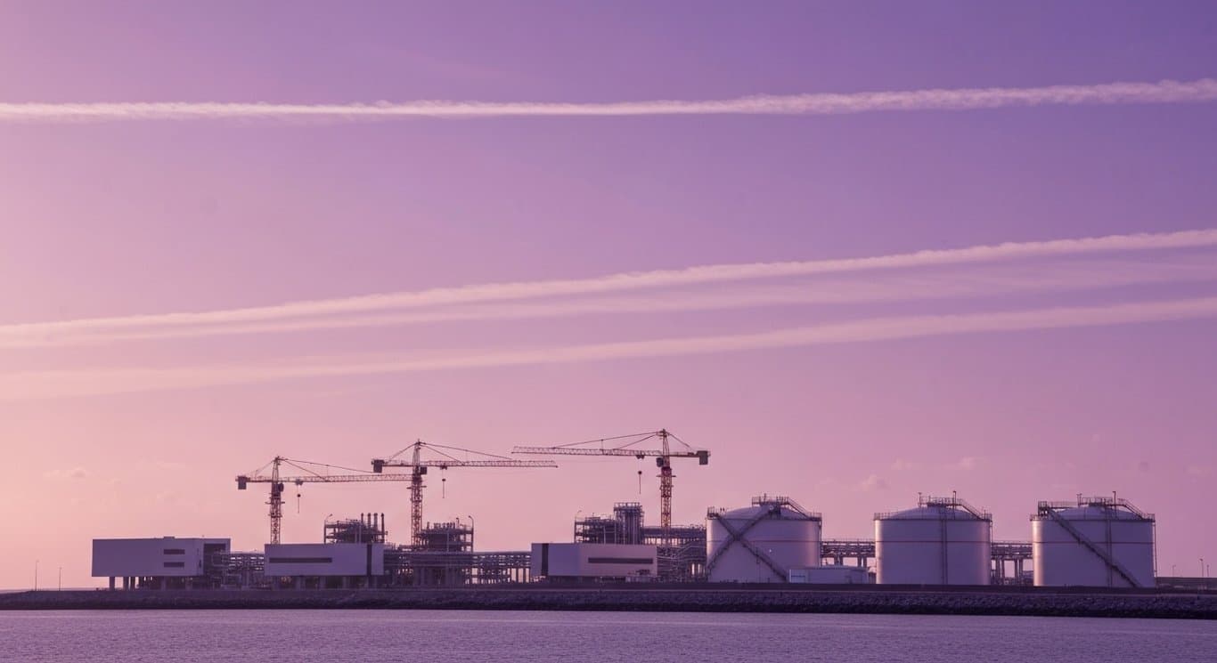 Liquefied natural gas facility on a coast at dusk with cranes and large storage tanks