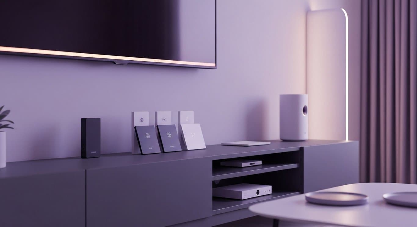 Television and streaming devices in a modern living room with a soft purple minimalist background