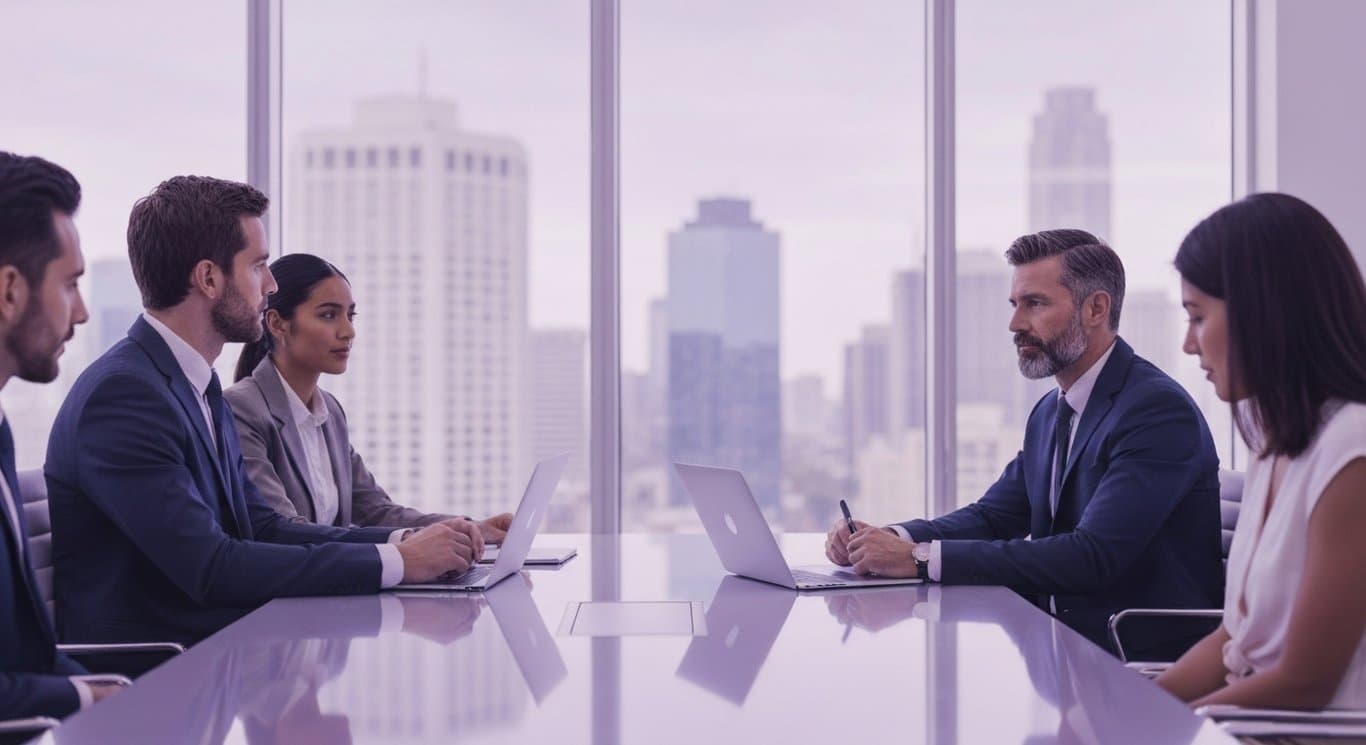 Business professionals meeting at a glass conference table with a city skyline and purple accents in the background