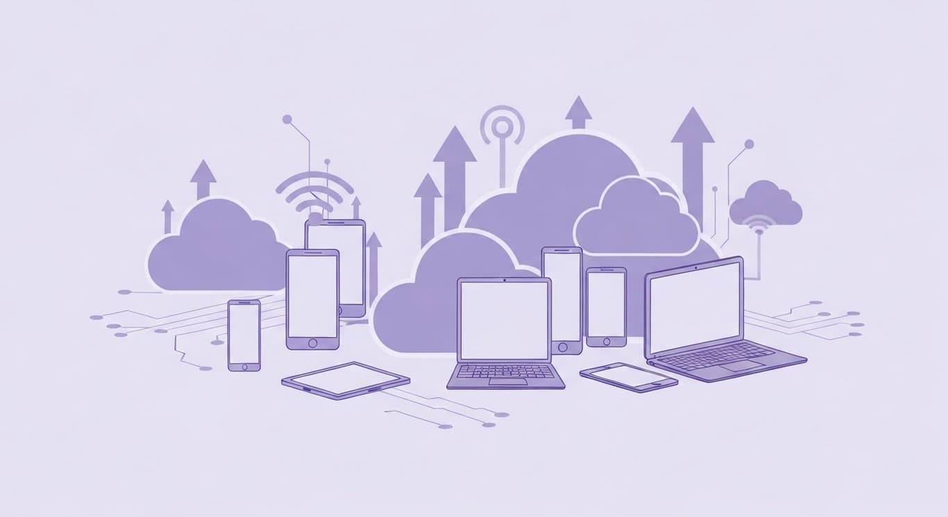 Abstract technology devices and cloud icons over circuit patterns with upward arrows in a purple-toned setting
