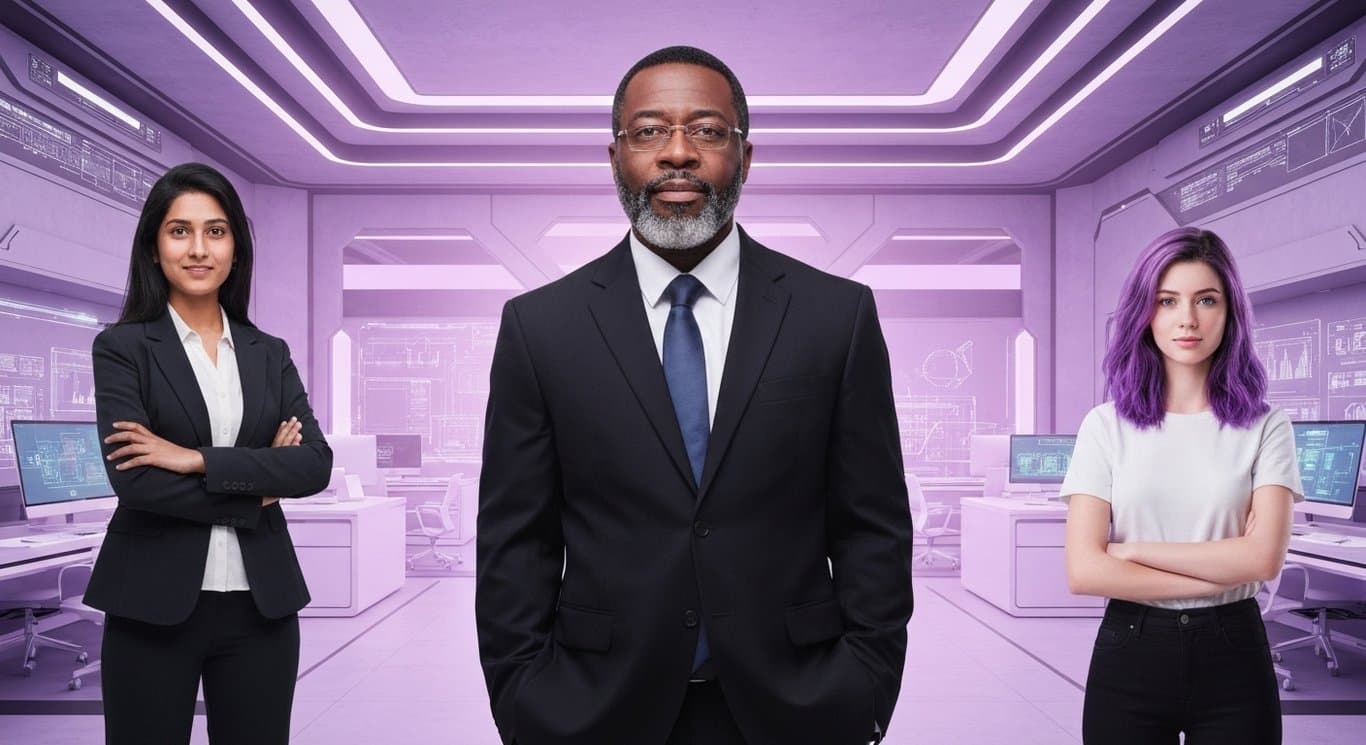 Diverse business icons for technology, e-commerce, and finance on a futuristic purple office background