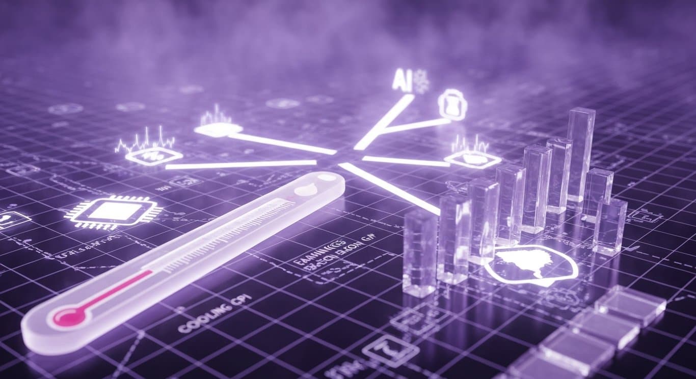 Market bifurcation with CPI cooling, defensive rotation to utilities, AI tech jitters, and widening earnings gap visualized