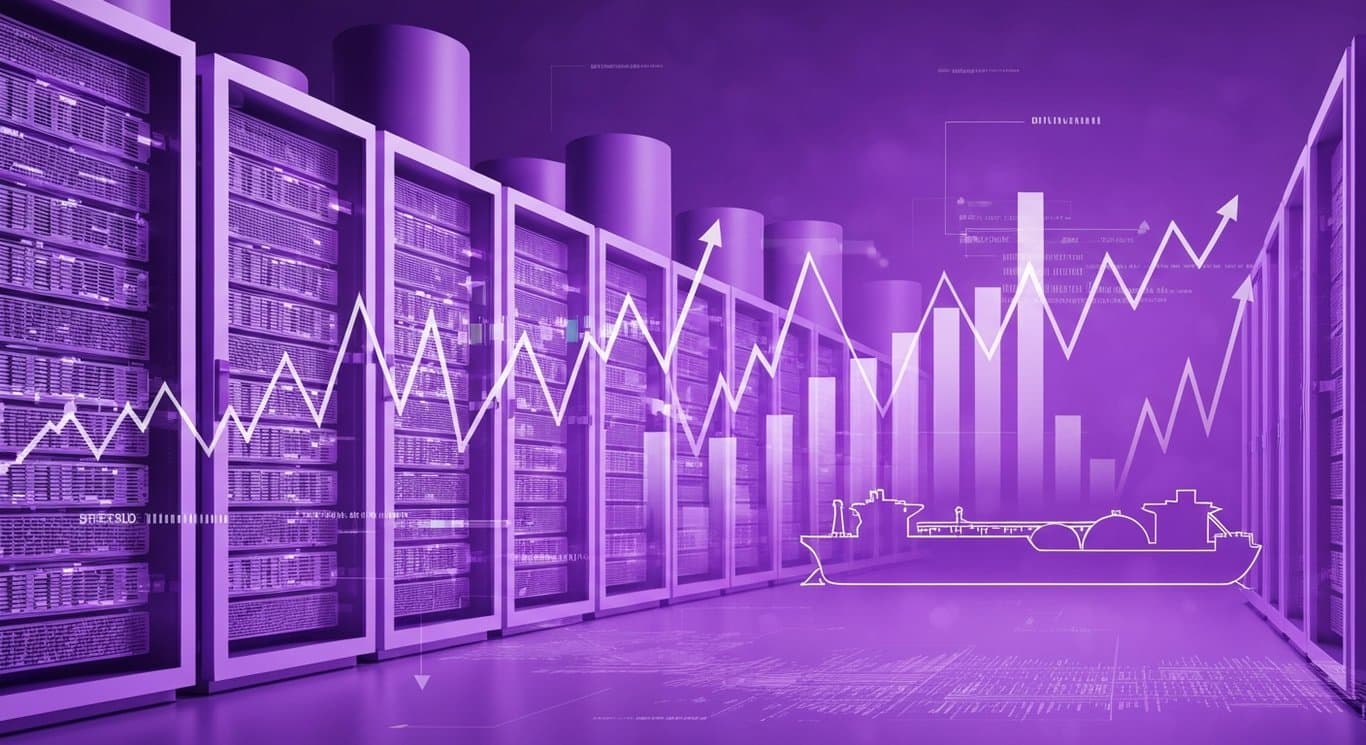 AI infrastructure demand and tech stocks with energy market volatility and LNG supply risk, visualizing narrow market breadth