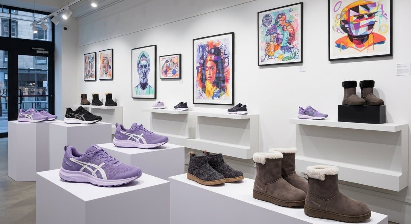 Stylish footwear in a modern showroom with a soft purple background