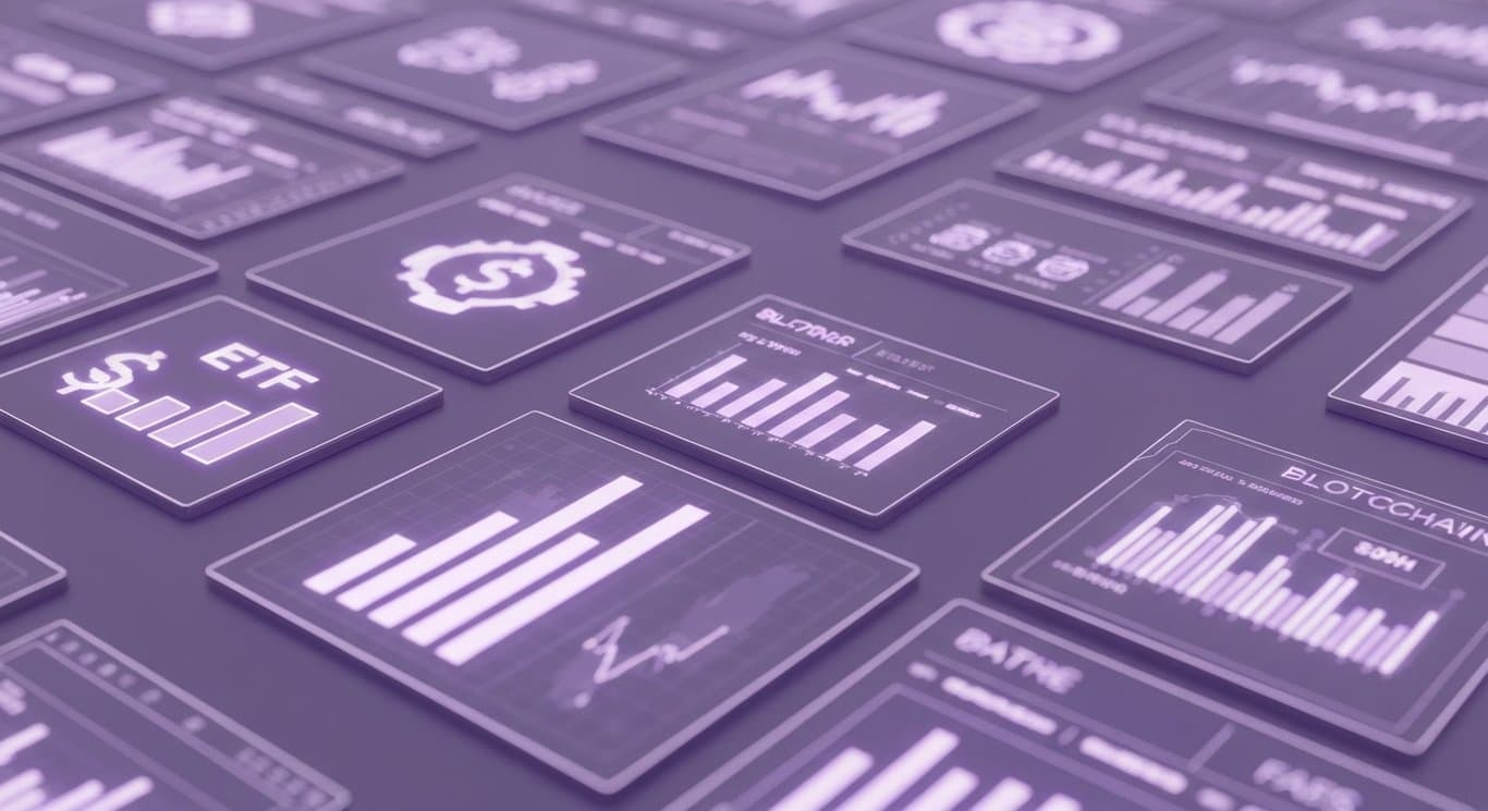 Abstract financial icons and charts with futuristic trading screens set against a soft purple background
