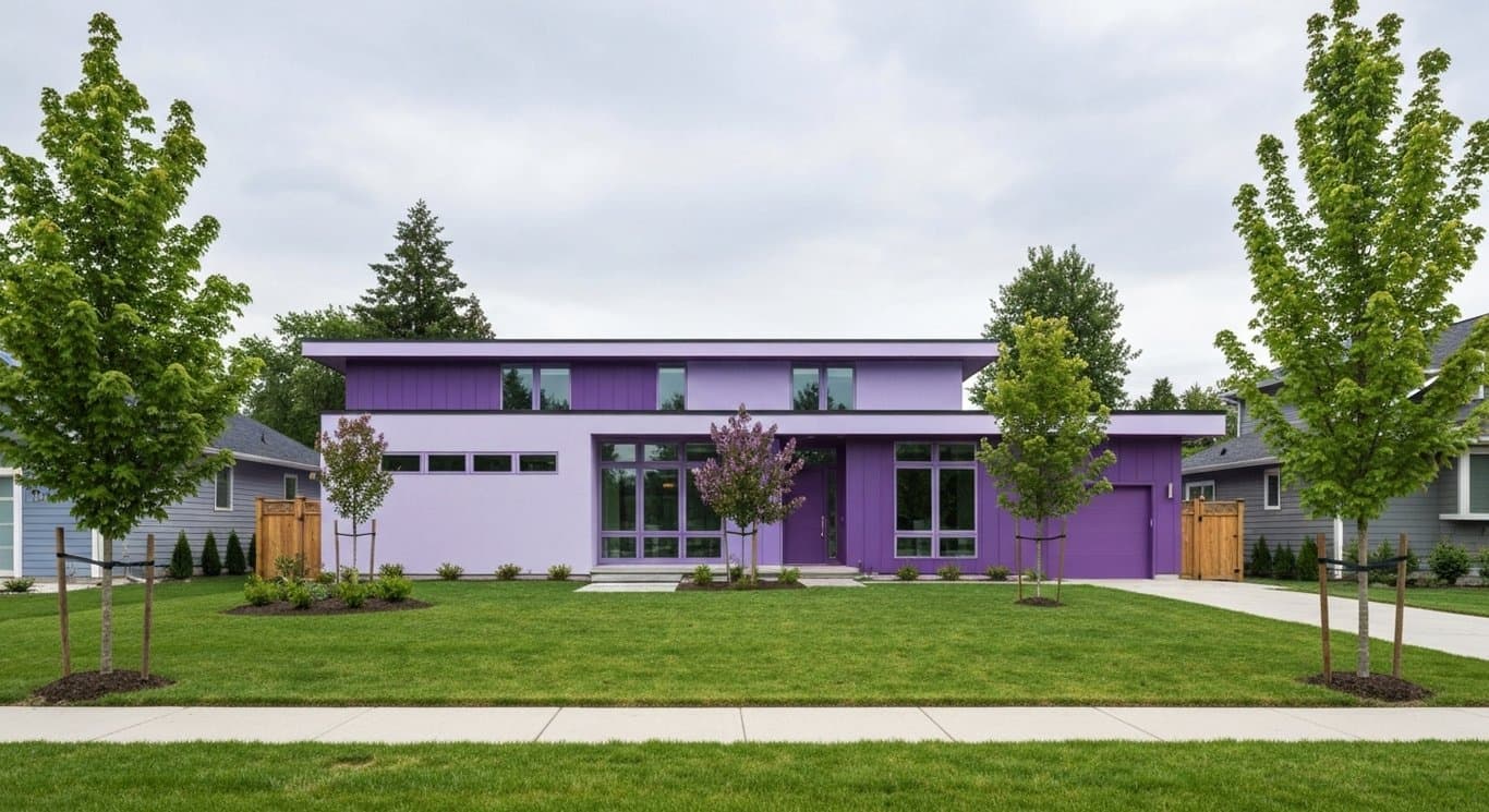 Modern single-family house with tidy lawn and trees in a stylish purple-toned suburban neighborhood