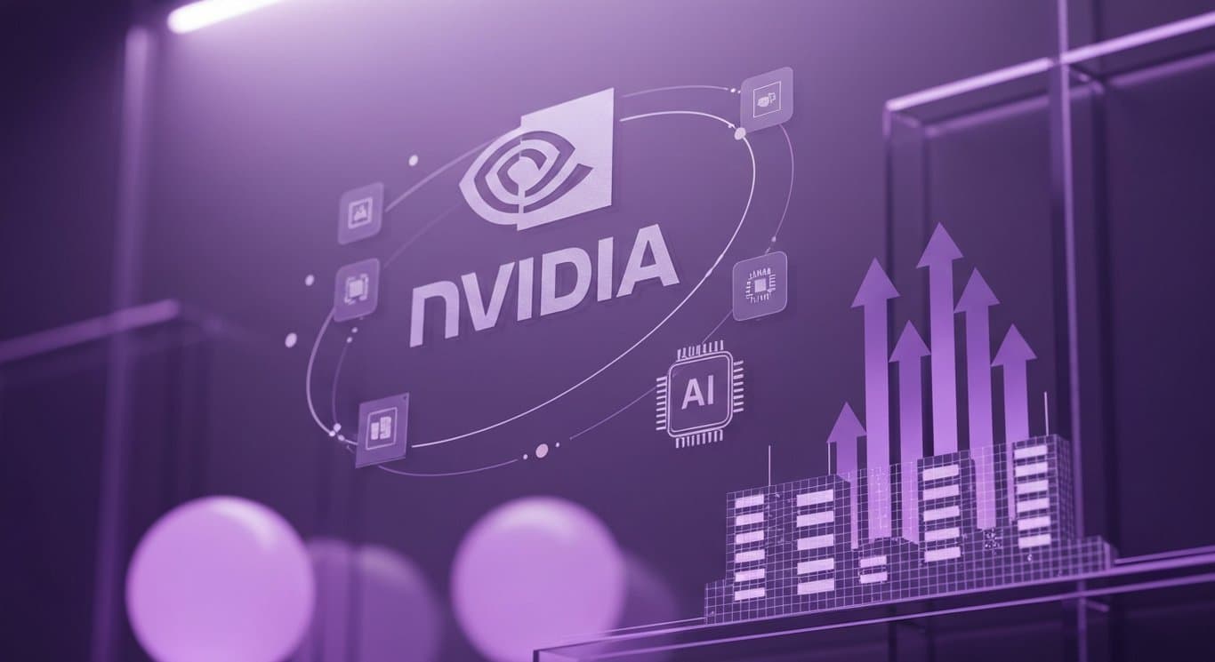 AI hardware dominance visualization with GPUs, data center silhouettes, and market risk-on signals in purple tones