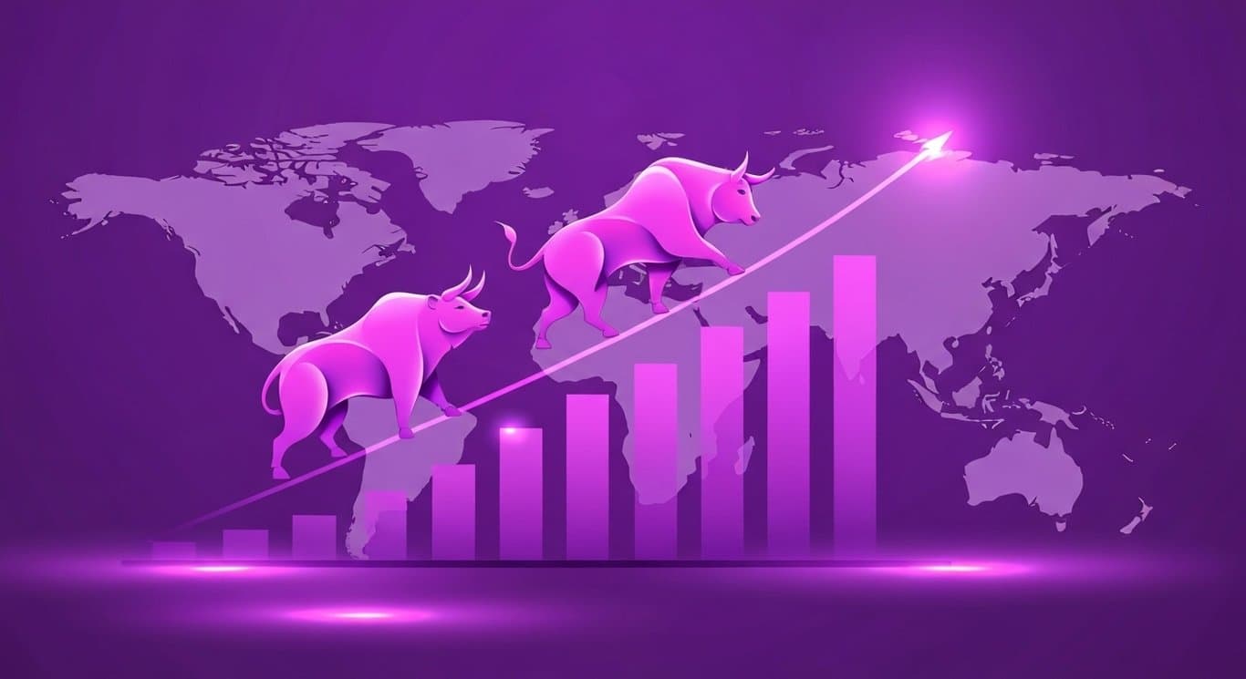 Abstract bull and bear figures on a rising bar graph with a purple world map background