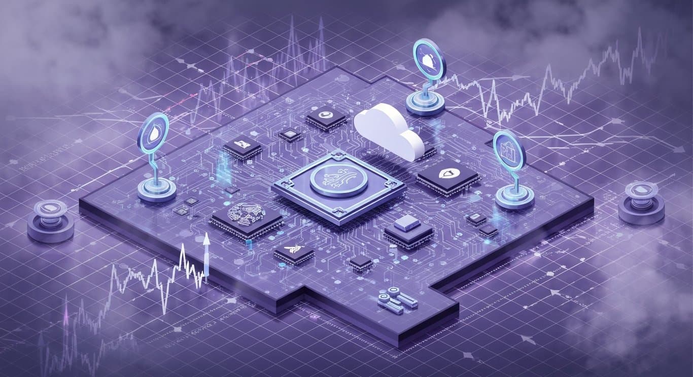 Abstract visualization of geopolitical tensions, oil price volatility, AI investment with cloud and defense themes, and金融市场创新