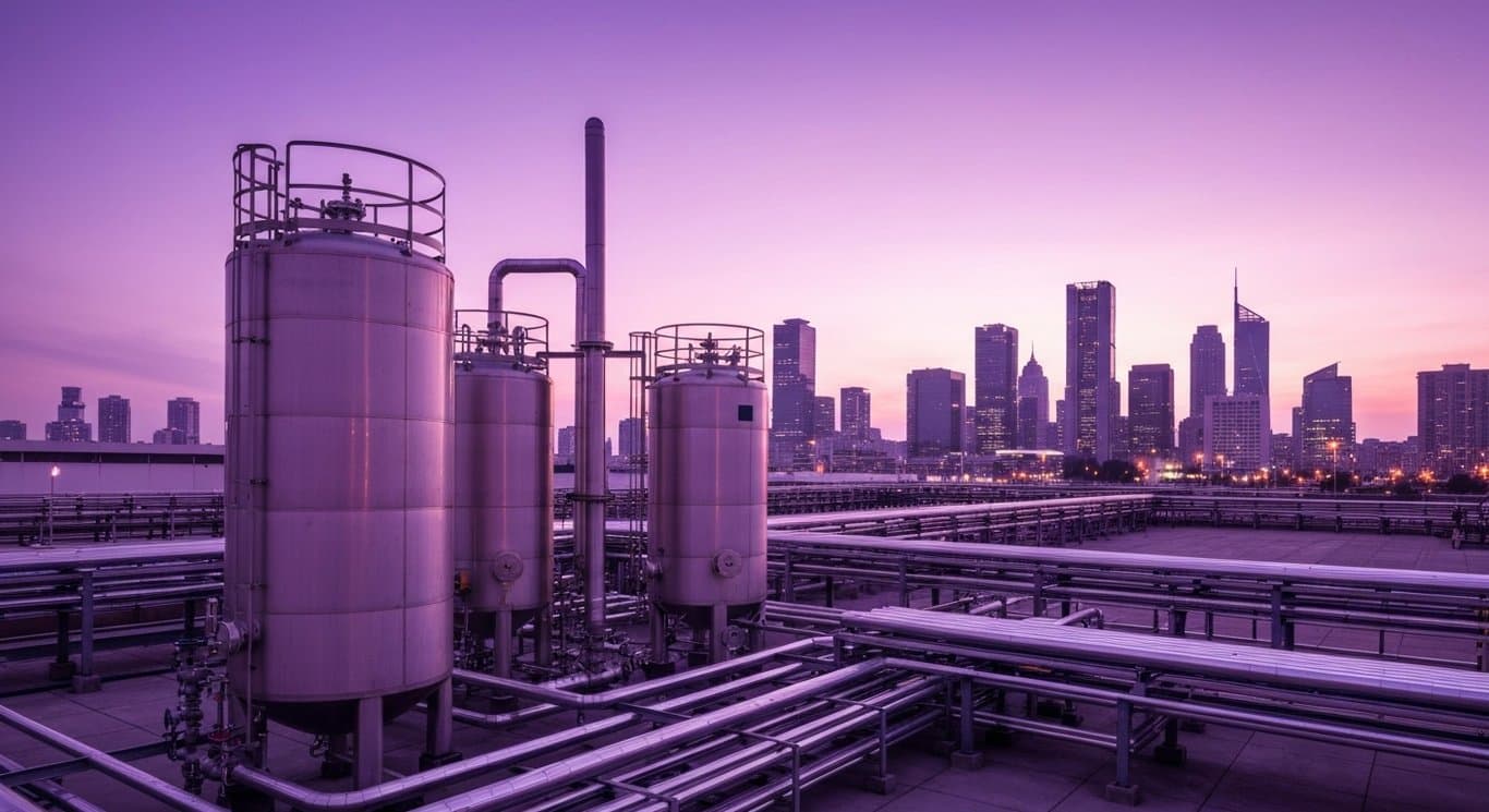Industrial gas facility with storage tanks and pipes in front of a modern city skyline at dusk