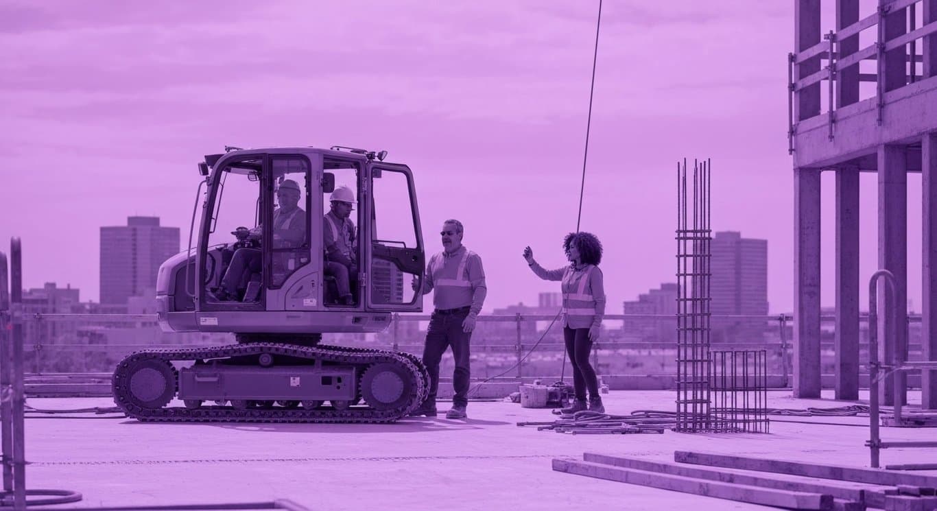 Modern construction site with machinery and workers against a purple-toned city skyline