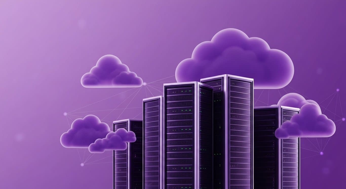 Modern data server towers with abstract cloud shapes and digital lines on a purple gradient background