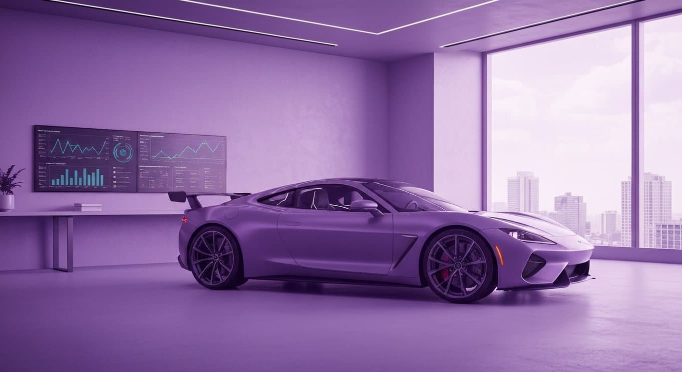 Modern car silhouette amid digital charts in a minimalist office with a purple color scheme