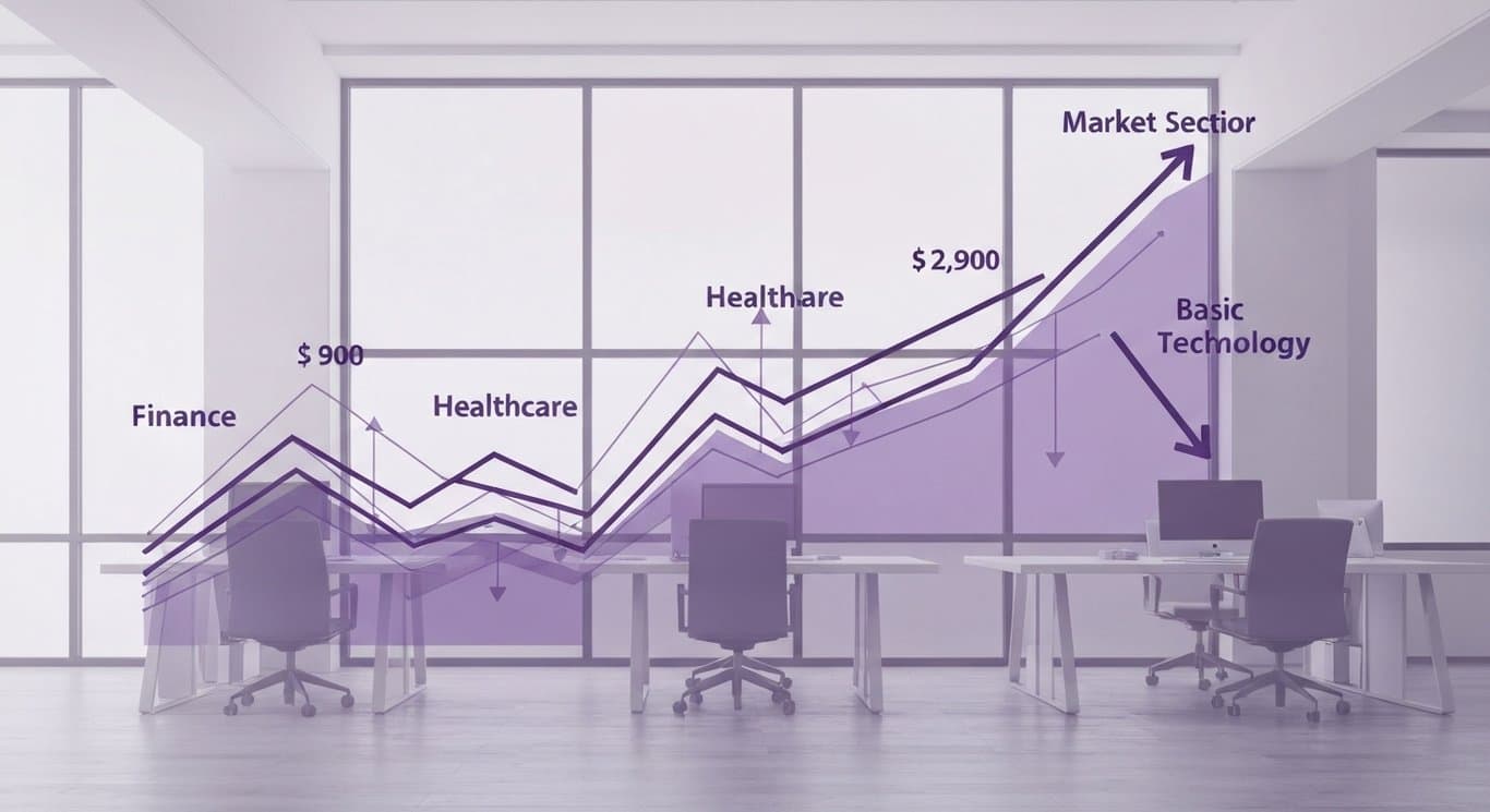 Abstract market trend illustration with finance, healthcare, and materials sectors rising in a modern office setting