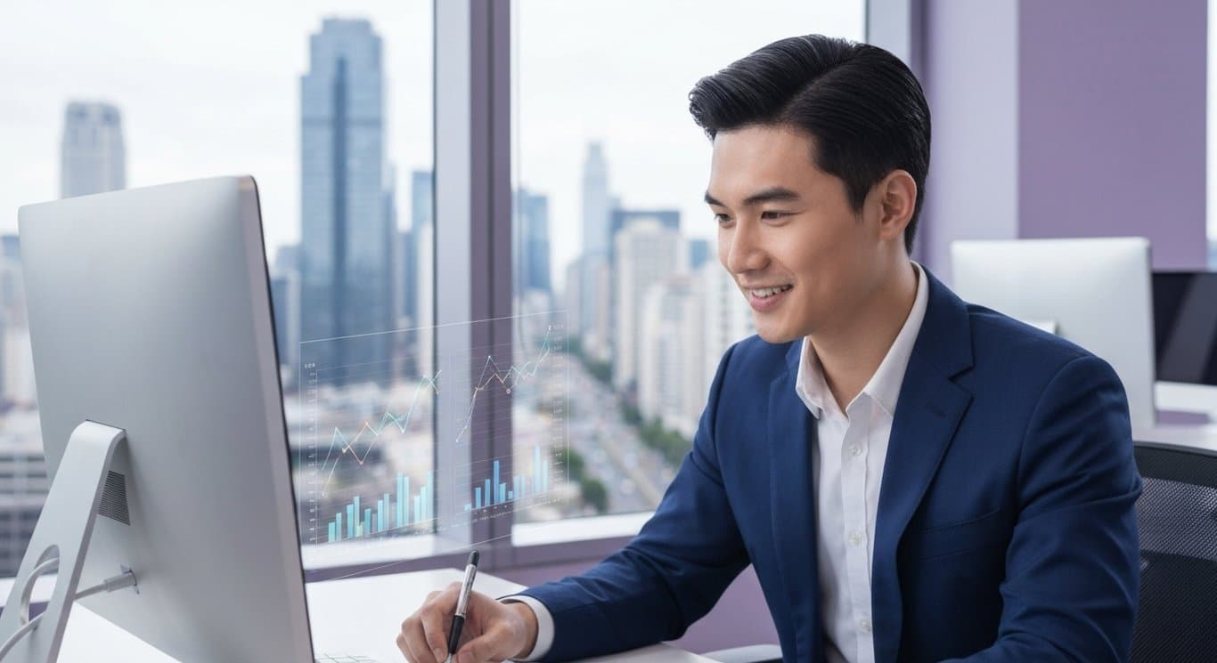 Financial analyst examining digital graphs in a modern office with a purple cityscape background