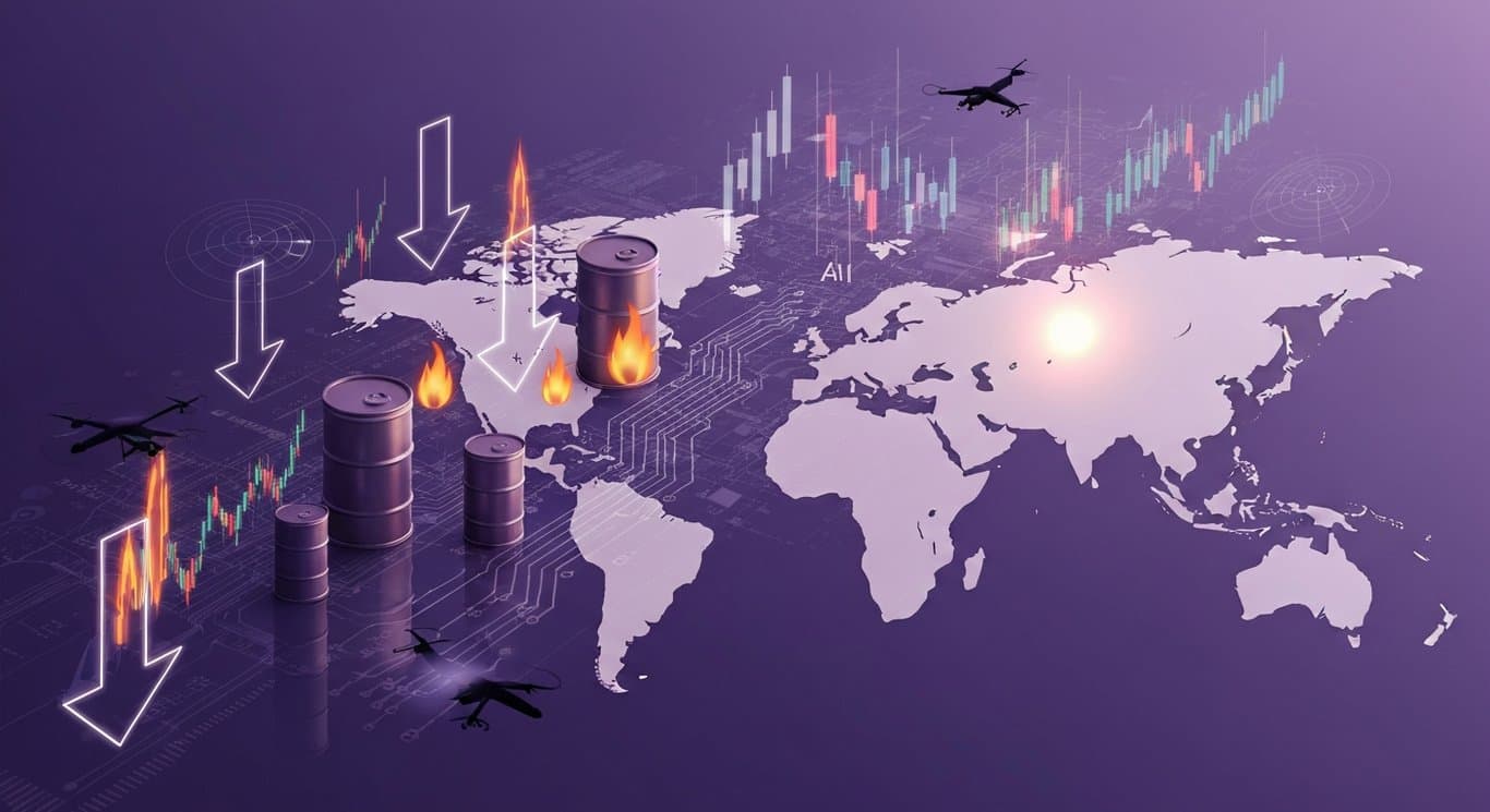 Geopolitical risk from Iran, oil surge, inflation, AI and defense resilience, market volatility and risk-off sentiment visual