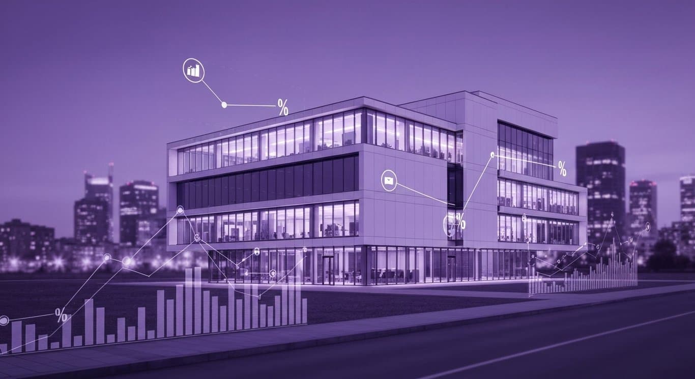 Modern office building with economic graphs and interest rate icons against a blurred purple cityscape