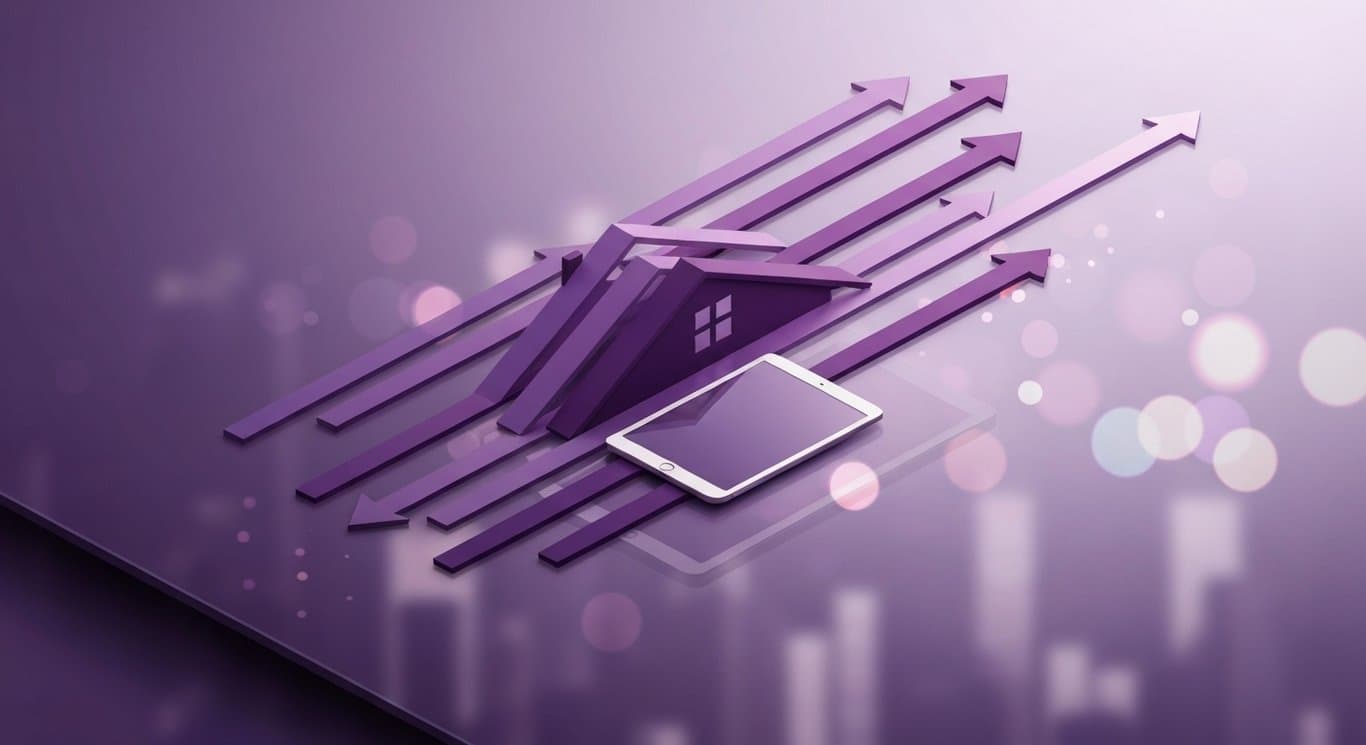 Abstract upward arrows with a house silhouette and a digital tablet on a glass surface before a soft city skyline
