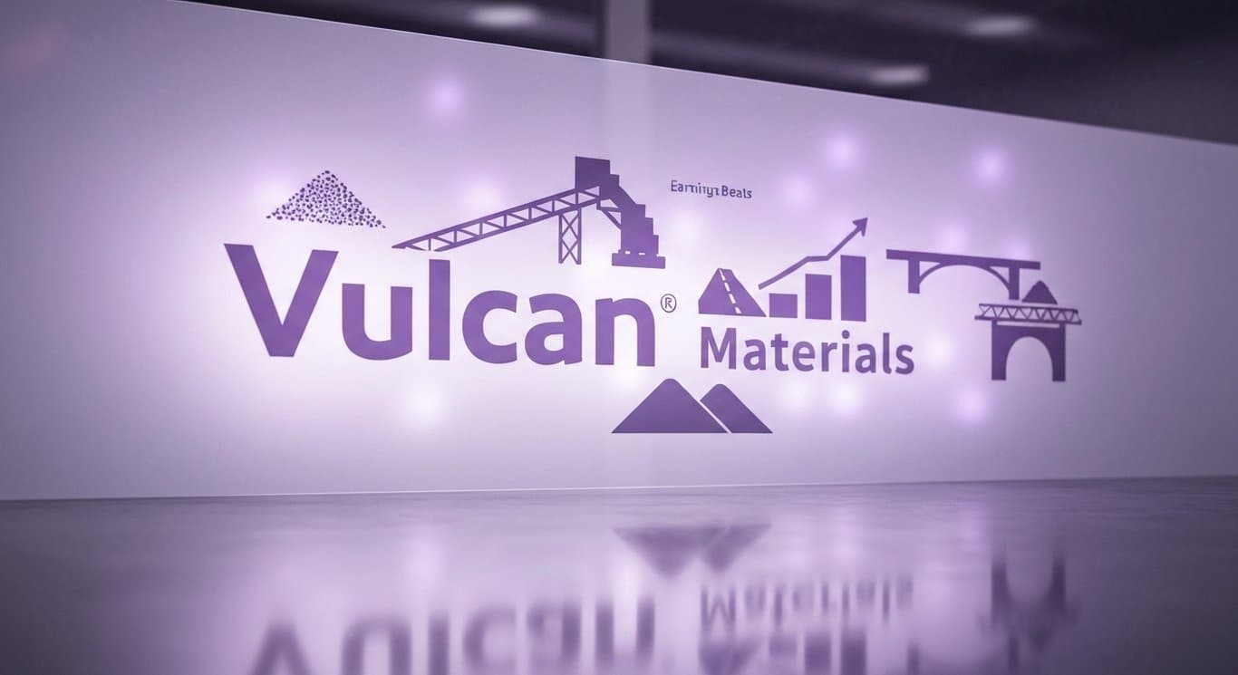 Vulcan Materials earnings beat visualization with aggregates and infrastructure icons in minimalist purple theme